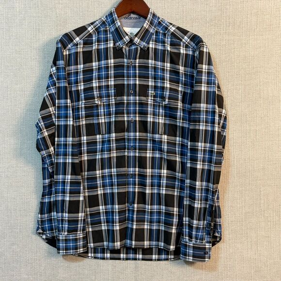 Lacoste Other - Lacoste Slim Fit Button Front Shirt Men 44 Large Blue Black Plaid Cotton Pockets
